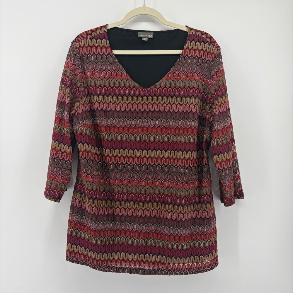 Roz & Ali Womens 1X Red Multicolor Blouse Zigzag Crochet Metallic 3/4 Sleeve